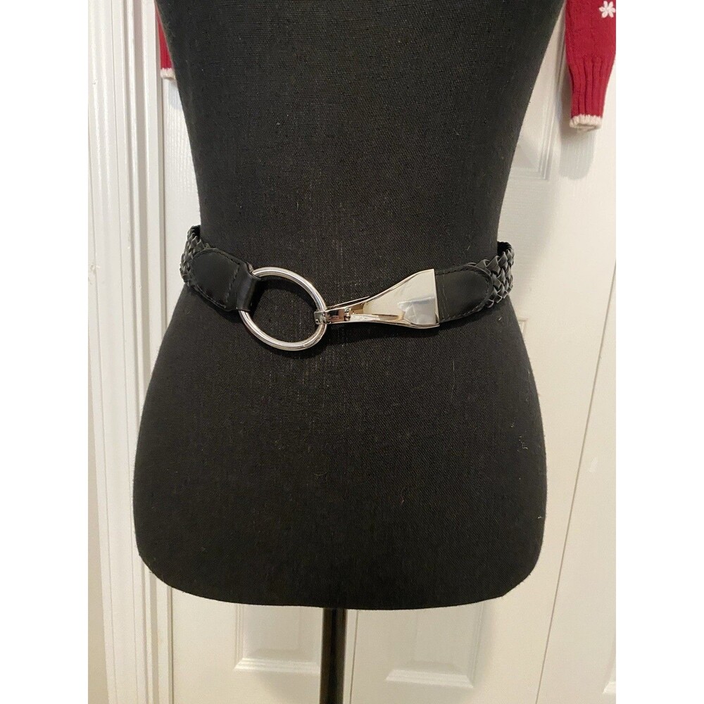 Chico's Black Vegan Leather Braided Boho Silver Hook Buckle Belt Size M/L